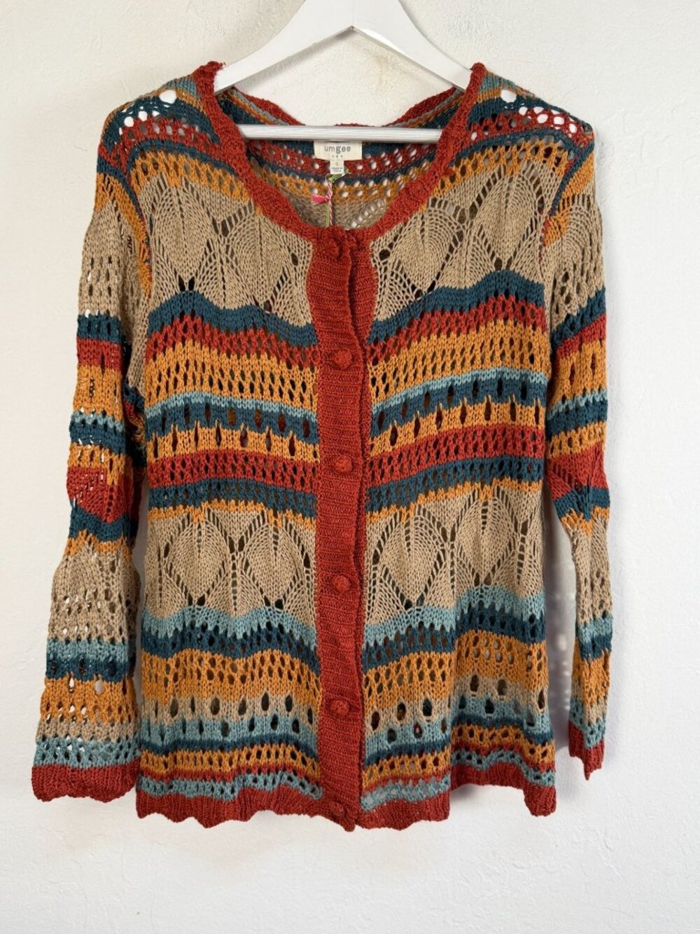 Umgee USA Women's Crochet Cardigan Small Boho Striped Open Knit Button Front New